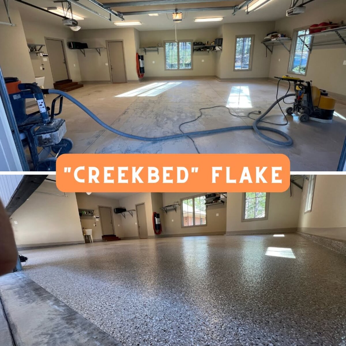 Garage floor before and after Creekbed flake epoxy
