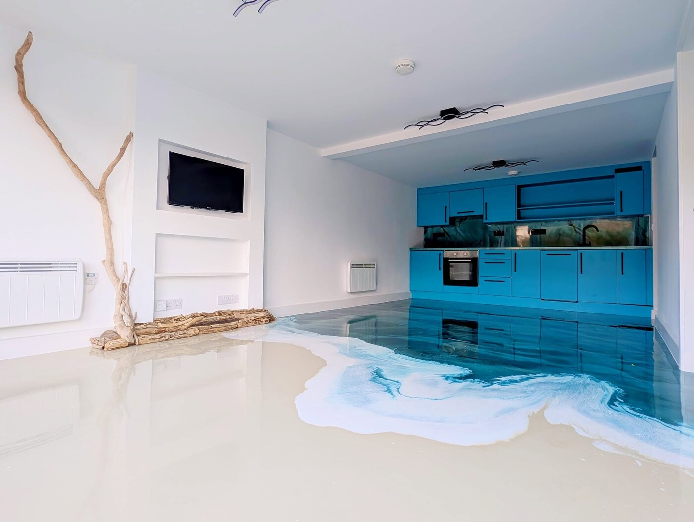Custom ocean wave design metallic epoxy floor